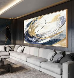 Luxury Large Abstract Wall Art – 30" x 60" Gold & Blue Canvas