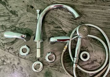 Lahara 2-Handle Deck-Mount Roman Tub Faucet w/Hand Shower Trim Kit + rough-in valve w/ flexible mounting