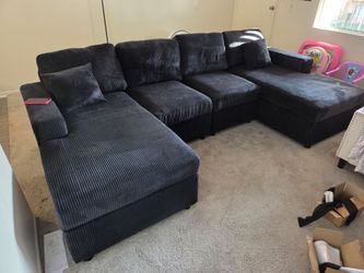 Sectional Doble Chaise Corduroy Fabric Black Adjustable Seats $489