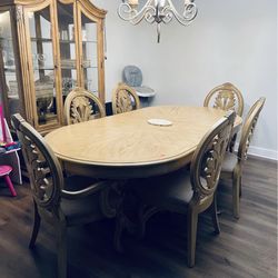 Dinning Table (6 Chairs + Table Leaf), Chandelier & China Cabinet