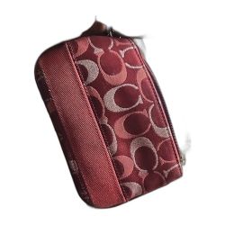 Coach Coin Purse 3 Color Signature Stripe Wristlet Wine Silver Metallic Burgundy