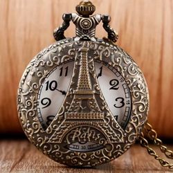 Classic Exquisite Eiffel Tower Necklace Pendant Pocket Watch