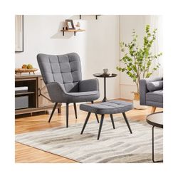 Accent Chair and Ottoman Set Arm Chair with Foot Rest for Living Room Gray