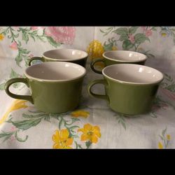 ☕️ 4 Vintage 1960's Retro Green Glazed Pottery Coffee Cups 8oz Made In USA Set 4