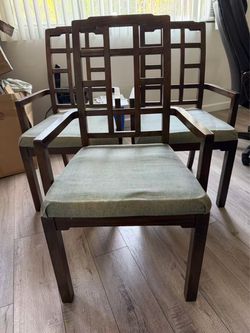 Dark Wood Armchairs with Green Upholstered Seats