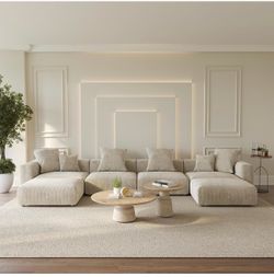 6 Piece U-Shaped Luxurious Corduroy Modular Sectional Couch with Chaise Ottoman - Beige