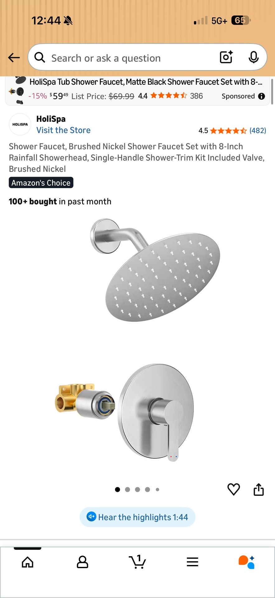 Shower Faucet, Brushed Nickel Shower Faucet Set with 8-Inch Rainfall Showerhead, Single-Handle Shower-Trim Kit Included Valve, Brushed Nickel