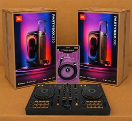 Complete DJ Starter Bundle Pioneer DJ DDJ-FLX4 Rekordbox Serato Controller 2 Ch Mixer JBL PartyBox 330 Bluetooth Rechargeable Powered Speakers Package