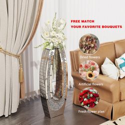 Luxury Mirrored Floor Vase for Living Room Hotel, Silver Glass Panels, Floor-Standing Tall Vases Decorative Display for Artificial Flowers, Pampas Gra