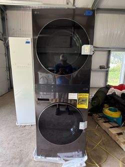 LG WashTower Stacked Washer + Gas Dryer, Black Steel — $3,399 Retail