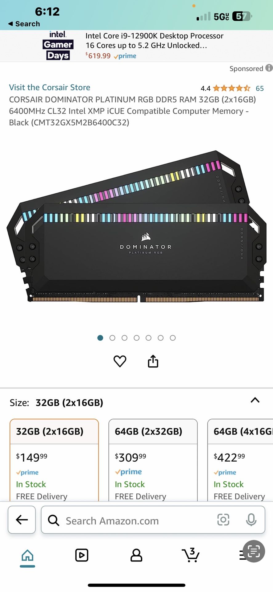 CORSAIR DOMINATOR PLATINUM RGB DDR5 RAM 32GB (2x16GB) 6400MHz CL32 Intel XMP iCUE Compatible Computer Memory - Black (CM32G×5M2B6400C32)