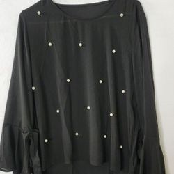 Women's Black Pearl Detail Blouse with Tie Sleeves Size L