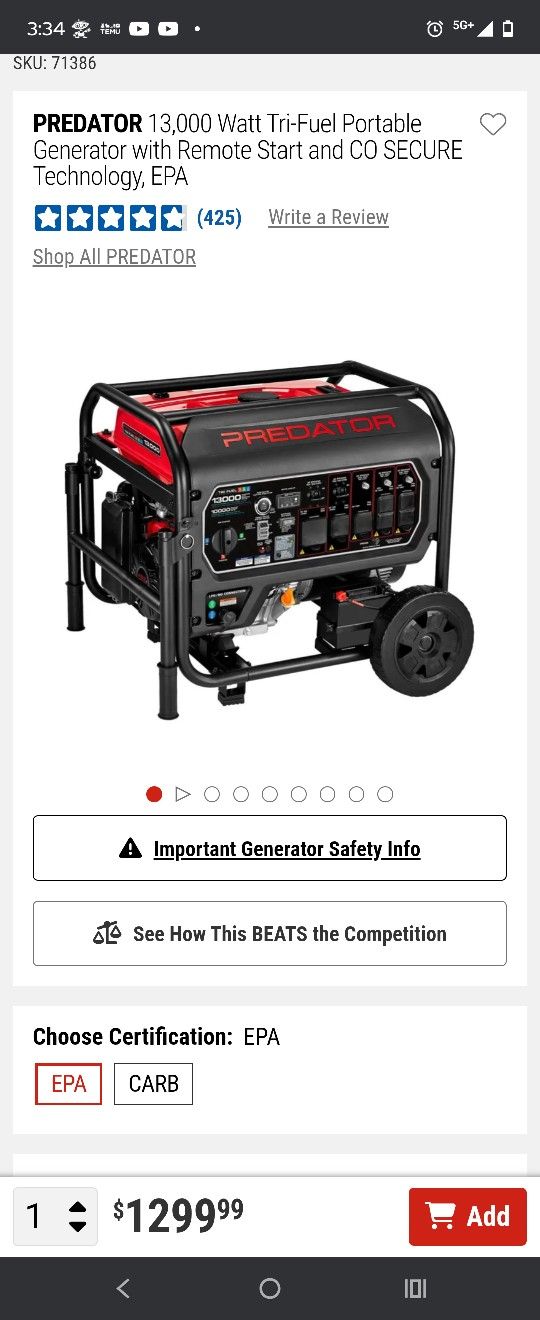 13,000 Watt Predator Generator like new