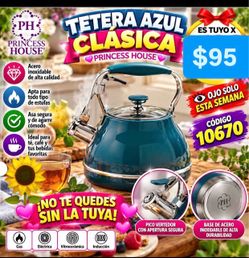 Tetera Clásica Nueva Linea Acero Inoxidable Para Cafe Te Azul $95.00 Especial Princess House Ventas Finales