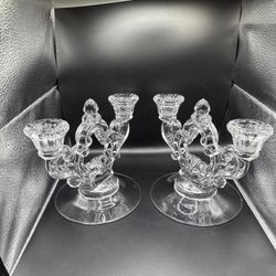 Vintage Cambridge Elegant Glass Clear No Etching Keyhole 3-Lite Candlestick 