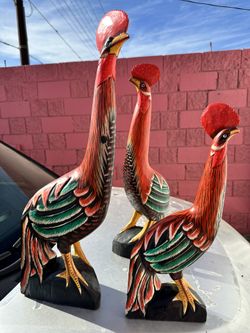 Three Handcarved Colorful Wooden Roosters