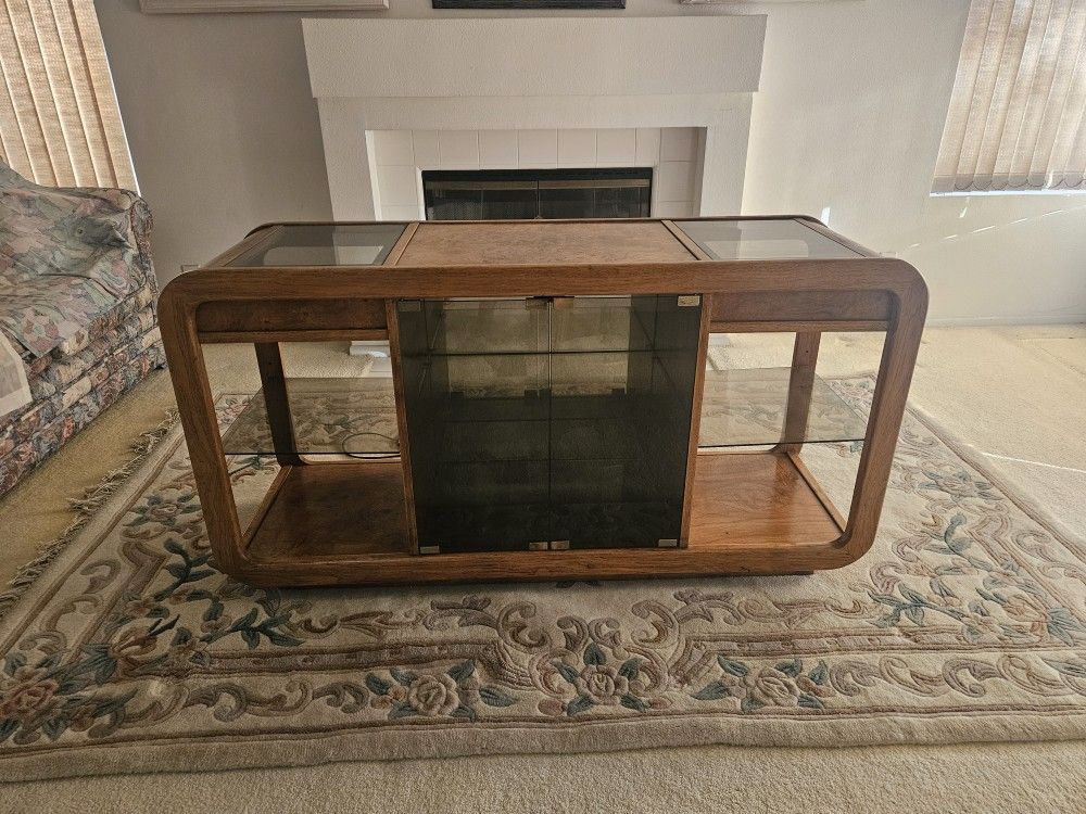 Mid-Century Modern Oak & Glass Entertainment Console / TV Stand