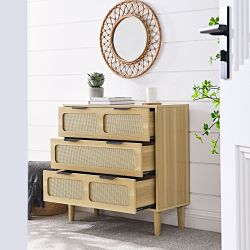 3 drawer dresser, modern rattan dresser cabinet with wide drawers and metal handles, farmhouse wooden storage chest of drawers for room, living room, 