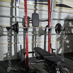 PULL UP POWER RACK + BENCH + WEIGHTS + BARBELL + EZ CURL BAR + ADJUSTABLE DUMBBELLS