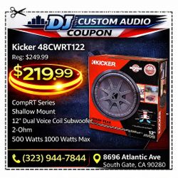 Kicker 48CWRT122 CompRT Series CWRT12 12" Dual Voice Coil Shallow Subwoofer 1000 Watts 🚨 Payment Options Available 🚨 No Credit Needed 🚨 