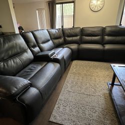Black Leather Recliner Sectional Couch 