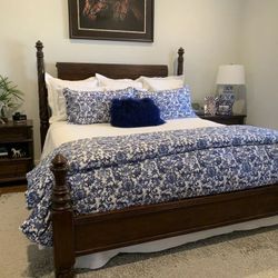 Bed Frame with Blue & White Bedding Set – Classic Bedroom Style