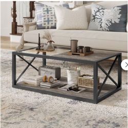 Modern Industrial Coffee Table with Tempered Glass