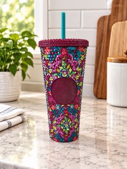 Starbucks Fall Floral Bling 2025 Cup Studded Pink Purple Teal 24 Oz Tumbler New