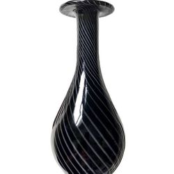 Vintage Mid Century Circa 70s Black Murano Silver Swirls Glass Vase Accent Decor