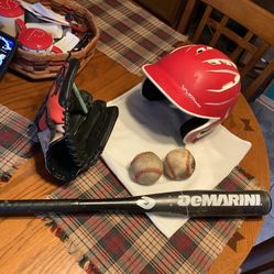 Baseball package including  Easton 11.5” baseball glove Velcro-wrist adjust   DeMarini baseball bat 28” 17 ounces Boombah baseball helmet size 6 1/4” 