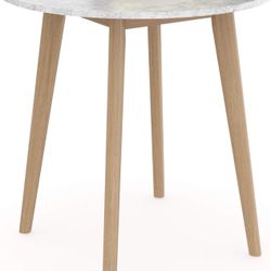 Round Bistro Dining Table with Legs in Tan Wood Finish and Faux White Carrara Marble Top, Light Brown