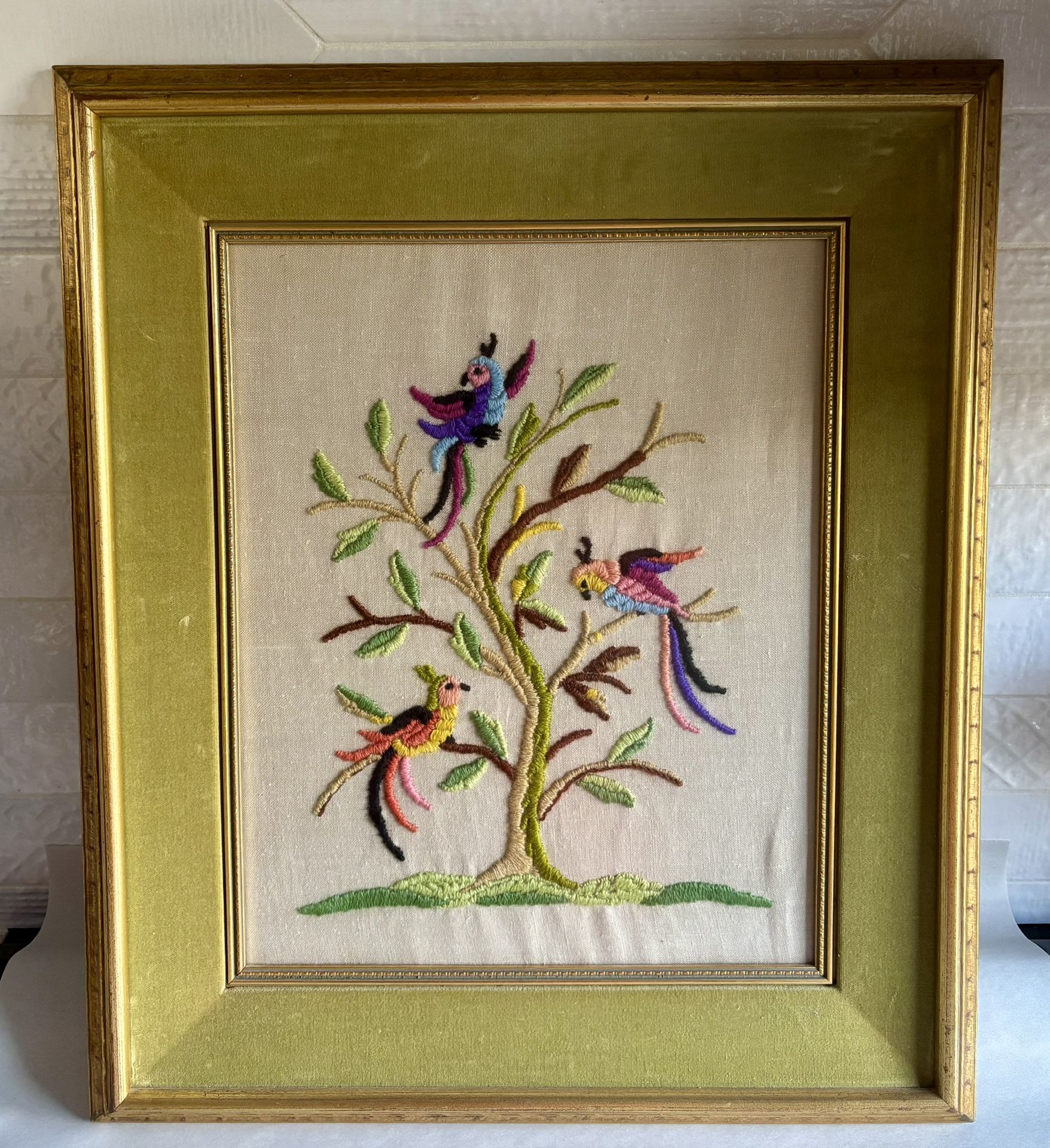 Vintage Custom Framed Colorful Birds Crewel Embroidery Artwork 