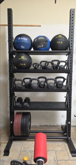 oft tall commercial grade dumbbell storage rack wall balls bumper plates kettle bell gym equipment