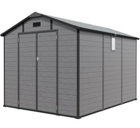 New in Box Plastic 8x10 FT Outdoor Storage Shed Lockable Resin Tool Shed w/ Window & Floor Dark Gray