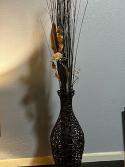 Black Metal Filigree Decorative Vase with Dried Branches