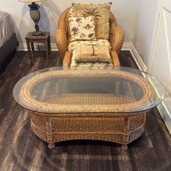 Tropical Wicker Chair, Ottoman & Glass-Top Coffee Table Set