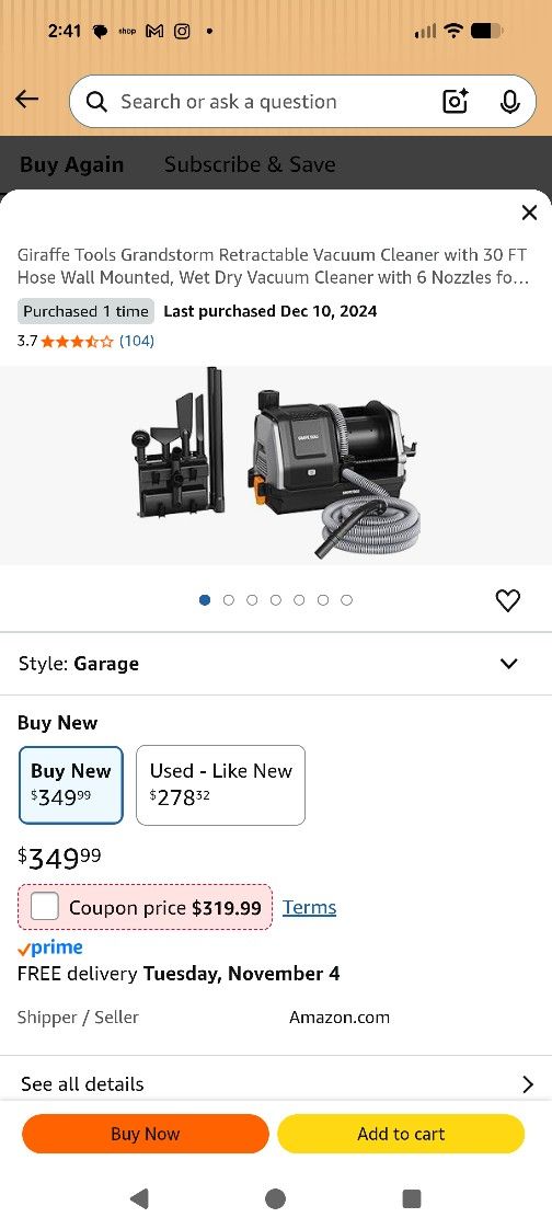 Giraffe Tools Wall Mount Garage Vacuum -NIB