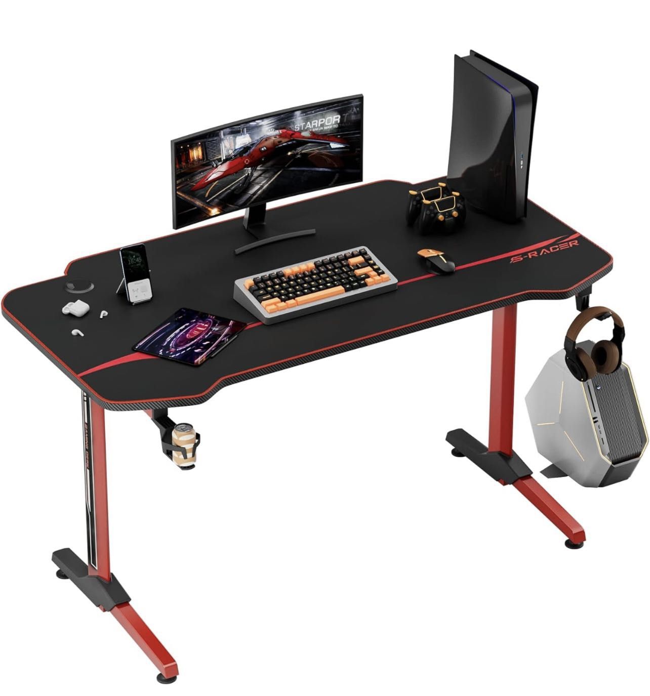 Gaming Desk Computer Desk Racing Style Office Table Gamer Pc Workstation T Shaped Gamer Game Station with Free Mouse Pad, Cup Holder and Headphone Hoo