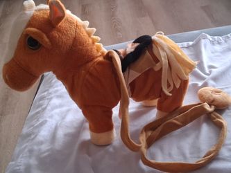 Plush Horse Toy Singing Stuffed Animal Brown Pony with Saddle Kids Toy