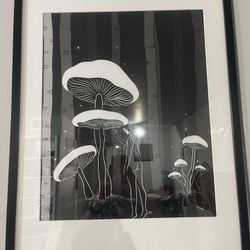 Framed Surreal Art Print – Black & White Mushroom Forest (21x28)
