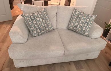 Light Gray Fabric Loveseat with Accent Pillows