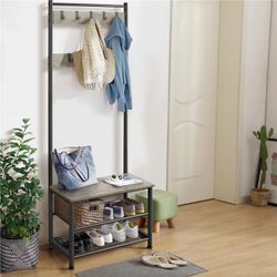 73'' H Metal Hall Tree Entryway Coat Rack with Shoe Storage Bench & 9 Movable Hooks,Gray