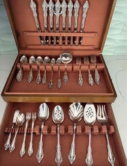 Silver Flatware Set in Wooden Storage Case