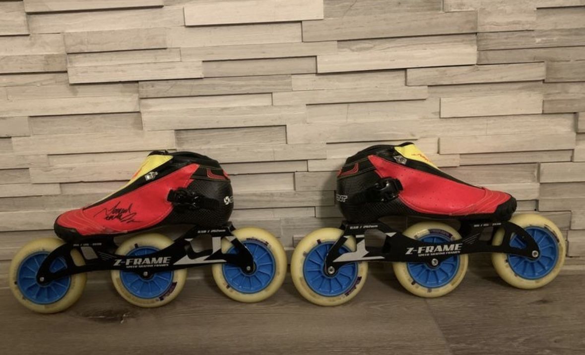 Bont Vapor In-line Skates Red/Yellow, Honey Badger Wheels, Autographed
