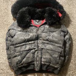 Jordan Craig 2XL Heavyweight Camo Fur Coat | Removable Techwear Fur, Red Satin Lining