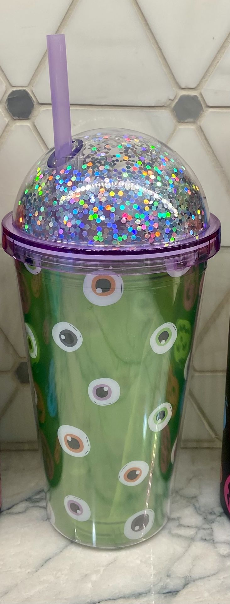 Halloween tumbler: glitter-dome with straw; cold cup “eyeball” double wall tumbler 14 oz, plastic. New with sticker.