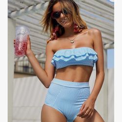 High Waisted 2 Piece Bikini Set Bandeau Ruffle Swimsuit Top Striped