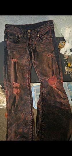True Religion Ricky Super T jeans featuring a striking red-and-black acid wash and distressed knee rips- SIZE 33