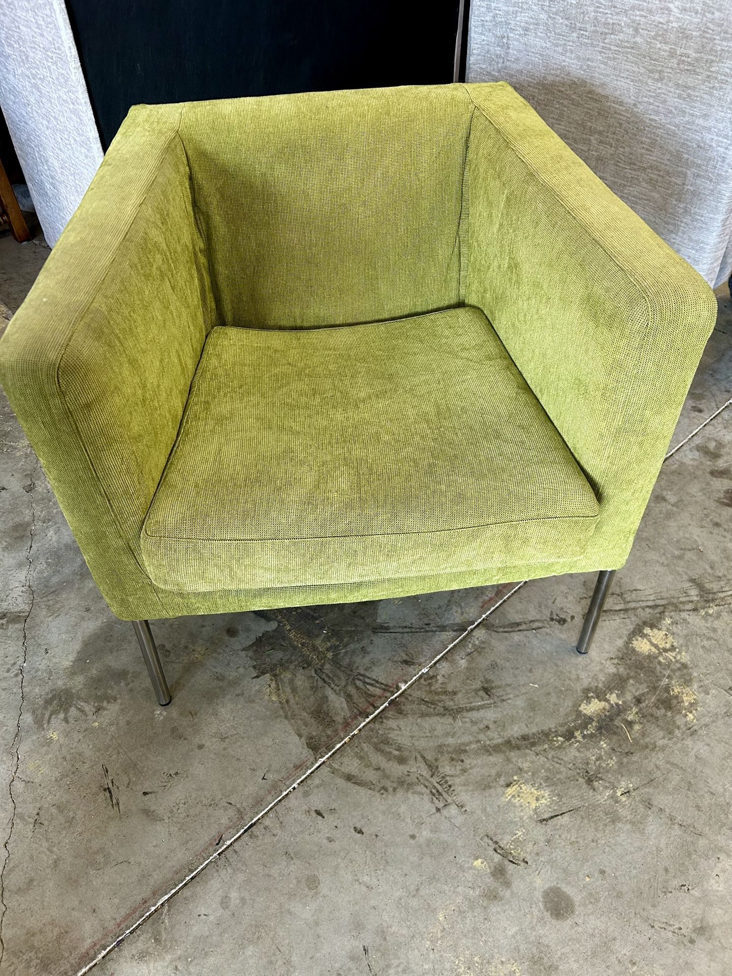 A Classic Modern IKEA Klappsta Accent Arm Chair With Metal Base And Green Linen Slip Cover