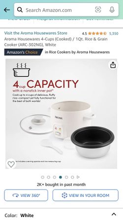 Aroma Housewares 4-Cups Cooked 1qt. Rice Grain Cooker ARC-302NG, White